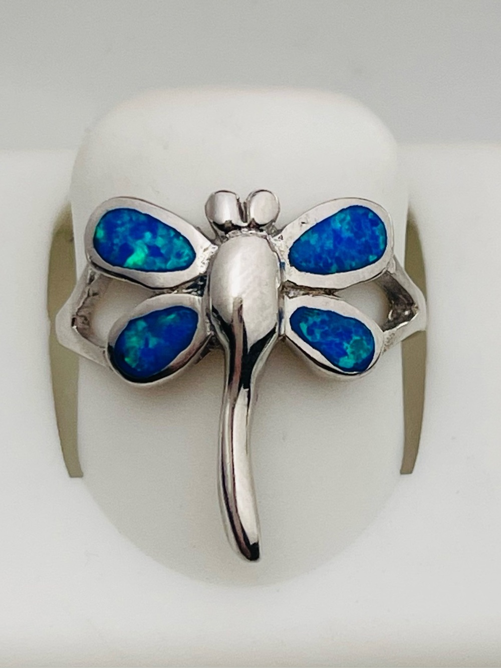 Sterling Silver Dragonfly Ring with lab Blue Opal Inlay size 7